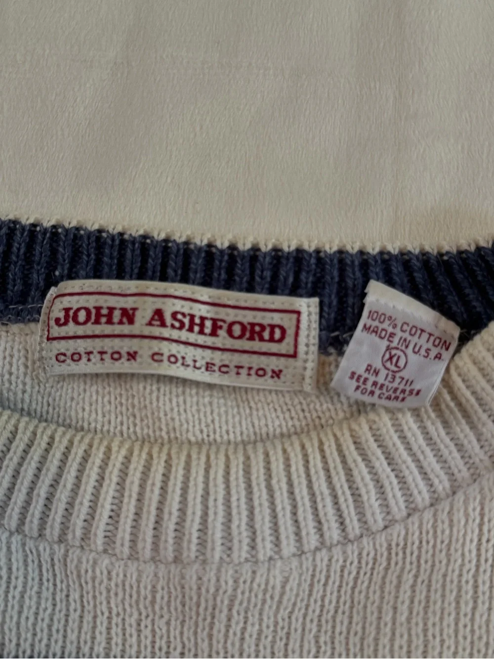 John Ashford White and Navy Crewneck Sweater